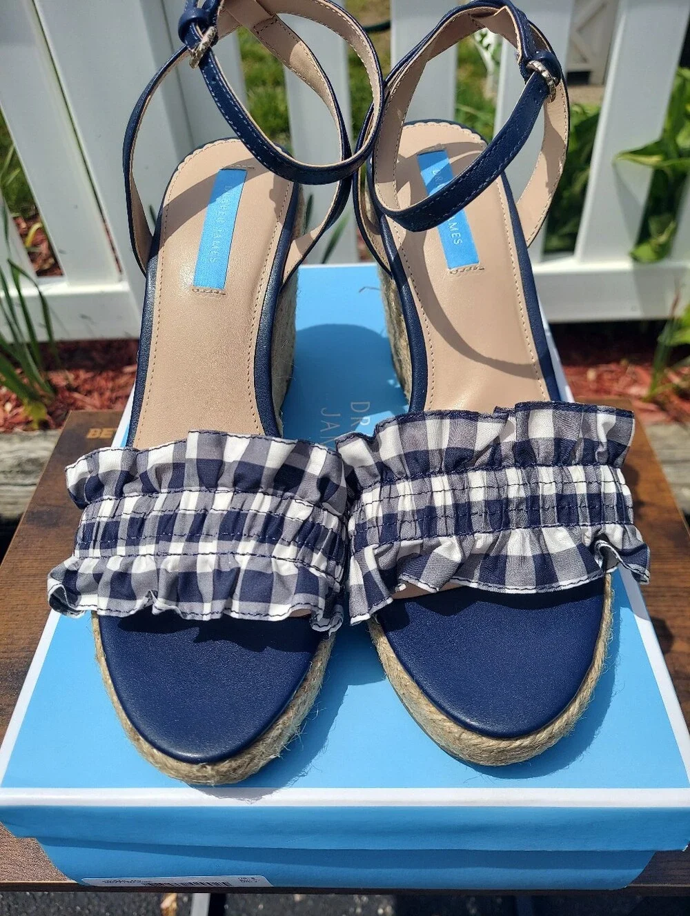 Draper James Navy Gingham Espadrille Wedge Sandals Women Size 9 NWT Feminine
